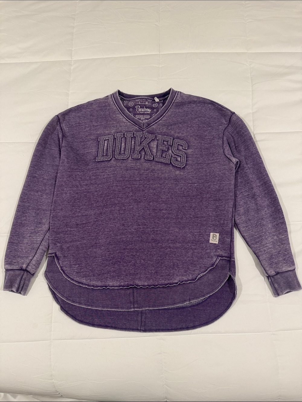 Pressbox women’s V-Neck Pullover Sweatshirt in Purple with 'DUKES' Embroidery